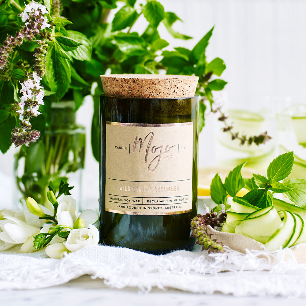 WILD BASIL & CUCUMBER - Reclaimed Wine Bottle Soy Wax Candle