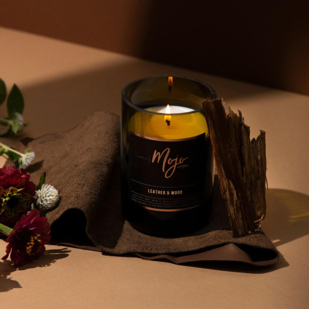 LEATHER & WOOD - Reclaimed Wine Bottle Soy Wax Candle