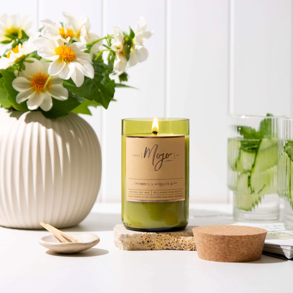 CUCUMBER & MUDDLED MINT - Summer Limited Edition - Reclaimed Wine Bottle Soy Wax Candle