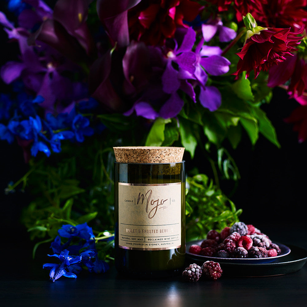 VIOLET & FROSTED BERRIES - Reclaimed Wine Bottle Soy Wax Candle