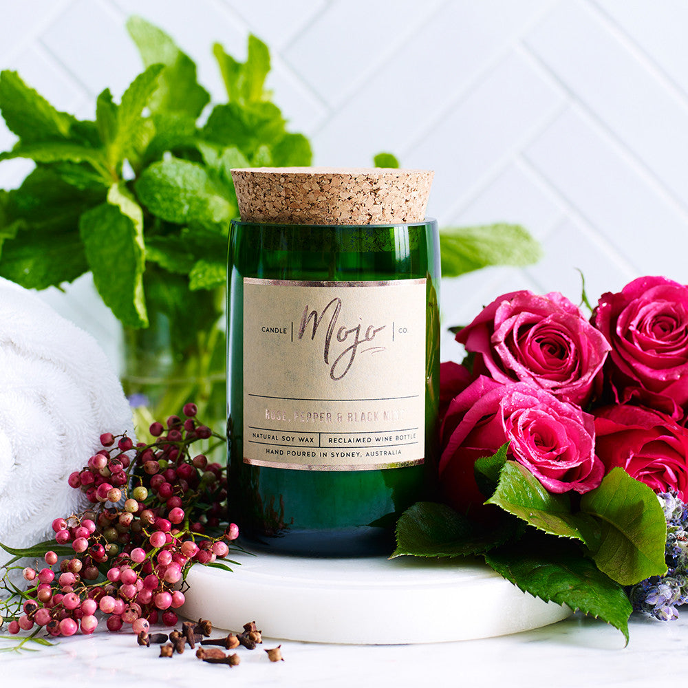 ROSE, PEPPER & BLACKMINT- Reclaimed Wine Bottle Soy Wax Candle