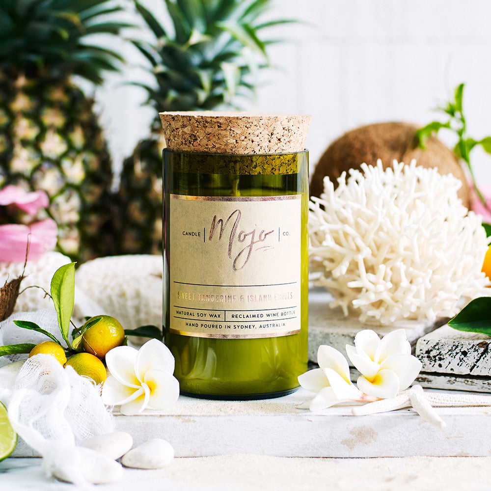 SWEET TANGERINE & ISLAND FRUITS - Reclaimed Wine Bottle Soy Wax Candle